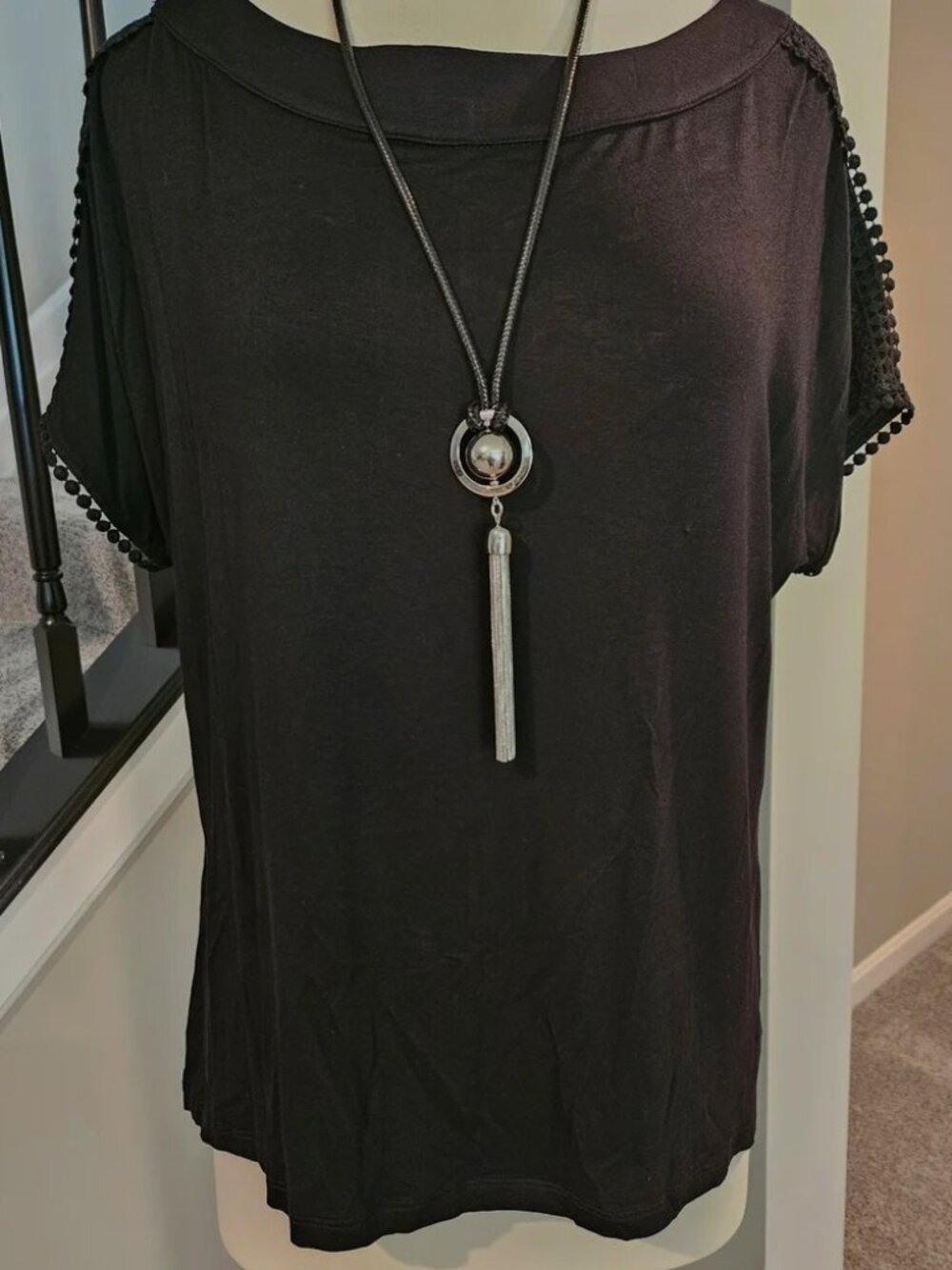 Cable & Gauge Black Short Sleeve Tee with Pom Sleeve Trim